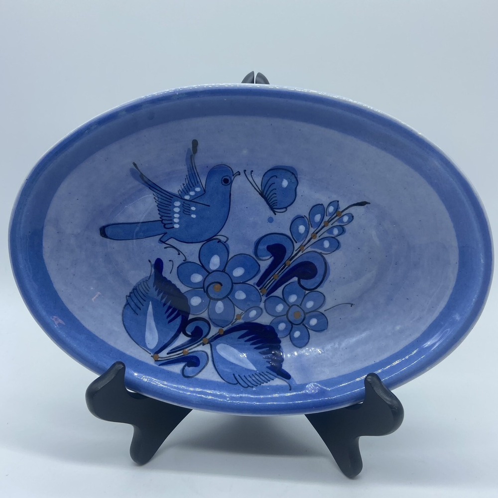 Vintage Tonala Pottery Mexico Blue Oval Plate Dish Birds Flowers Butterfly 9.5"